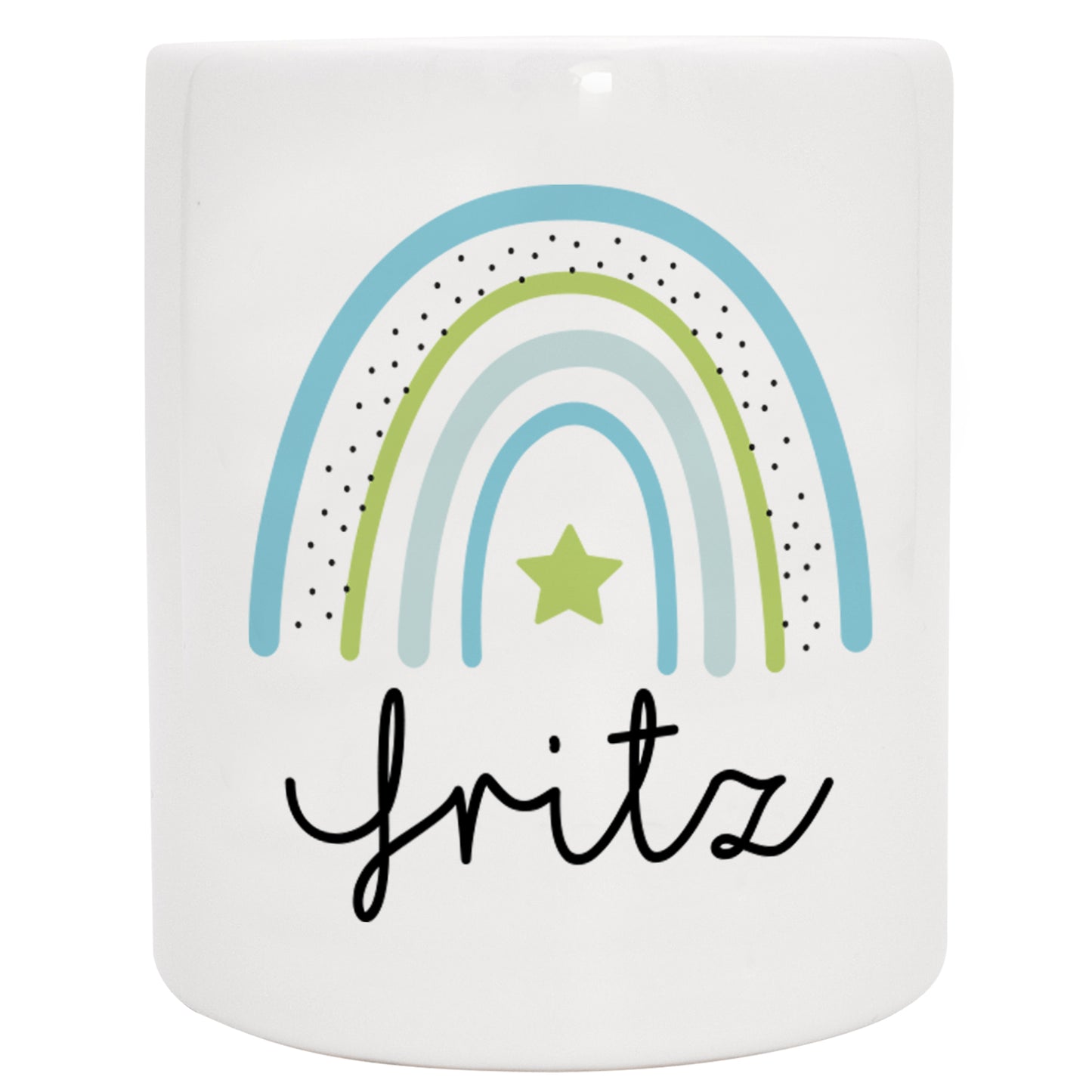 Keramik Spardose mit Name | Regenbogen blau- grün