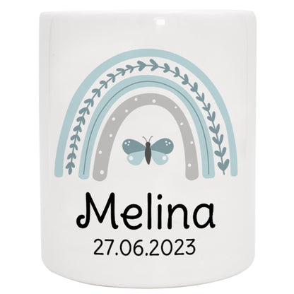 Keramik Spardose mit Name + Datum | Regenbogen mint