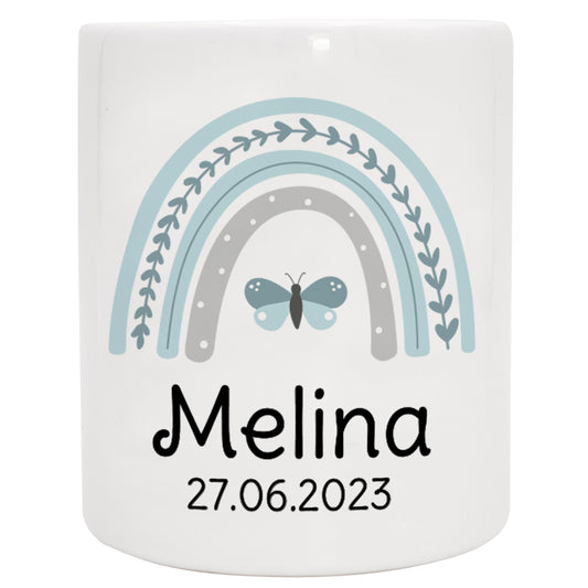 Keramik Spardose mit Name + Datum | Regenbogen mint