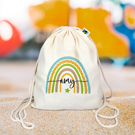 Turnbeutel aus Bio- Baumwolle | Regenbogen blau- grün mit Name