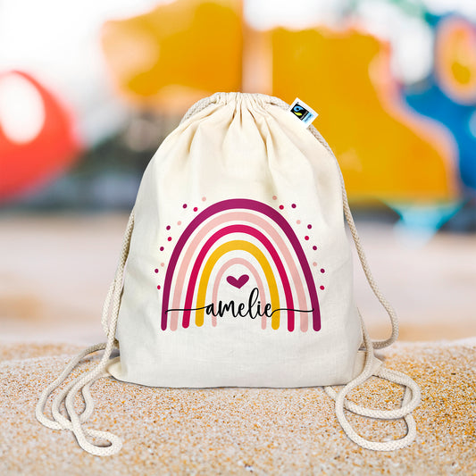 Turnbeutel aus Bio- Baumwolle | Regenbogen bunt mit Name