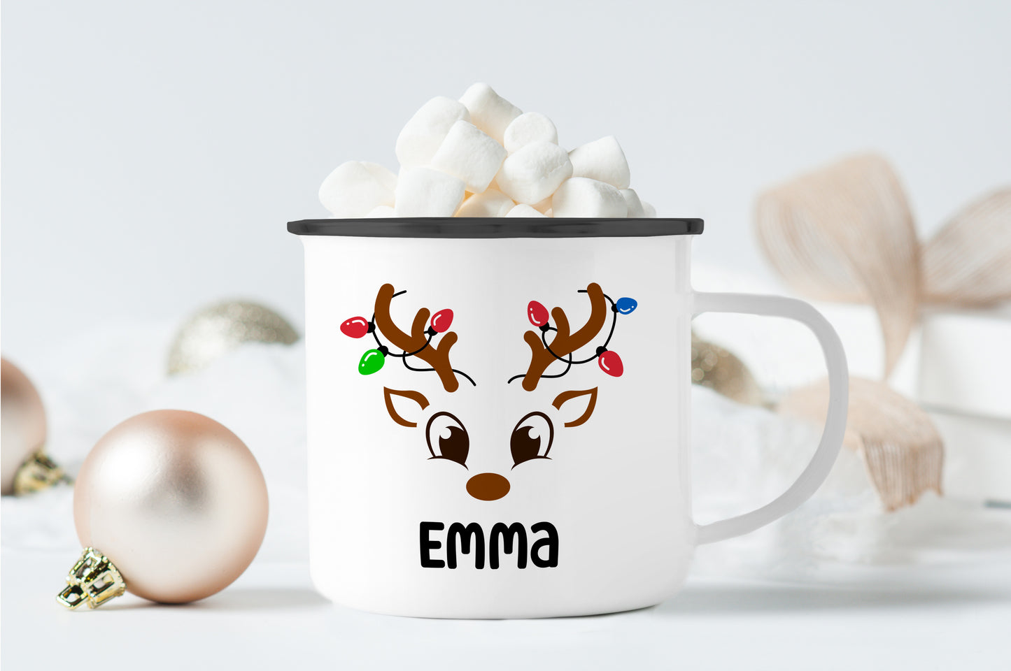 Emaille Tasse mit Name | Rentier mit Lichterkette