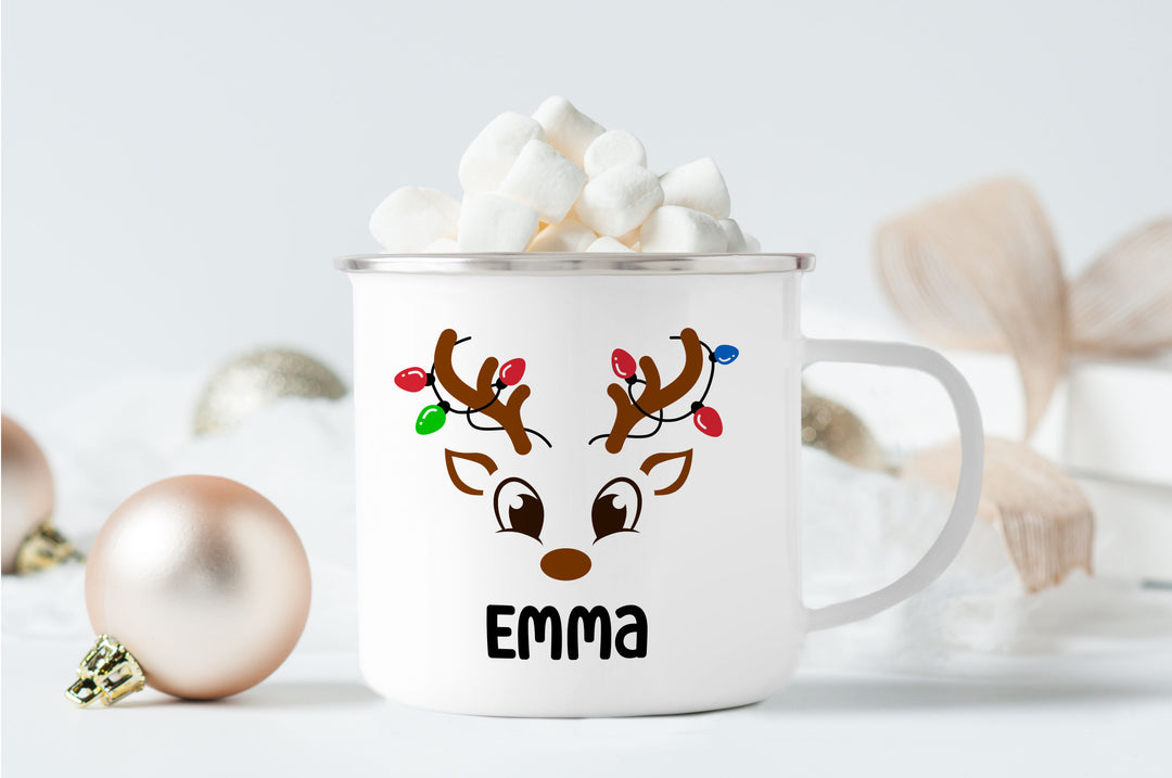 Personalisierter Emaillebecher | Emaille Tasse | Rand silber oder schwarz | mit Name | Rentier mit Lichterkette | Geschenk für Weihnachten