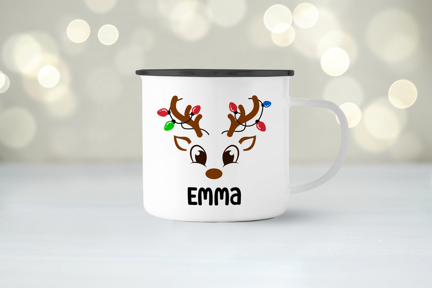 Emaille Tasse mit Name | Rentier mit Lichterkette
