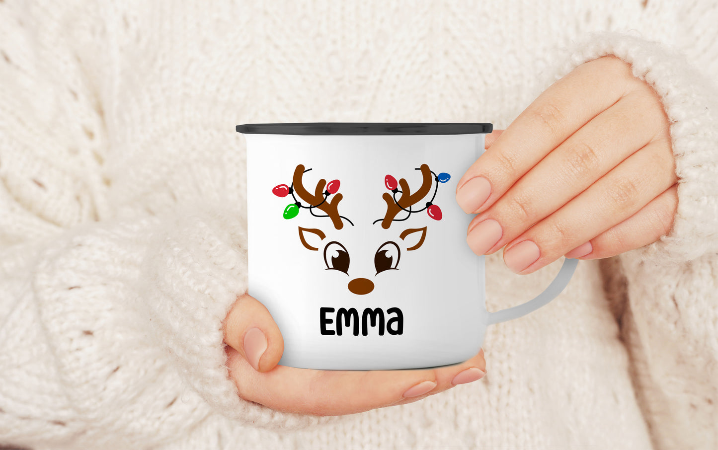 Emaille Tasse mit Name | Rentier mit Lichterkette