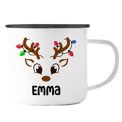 Emaille Tasse mit Name | Rentier mit Lichterkette
