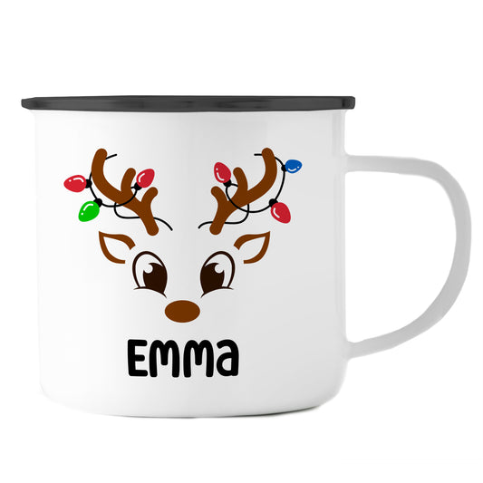 Emaille Tasse mit Name | Rentier mit Lichterkette