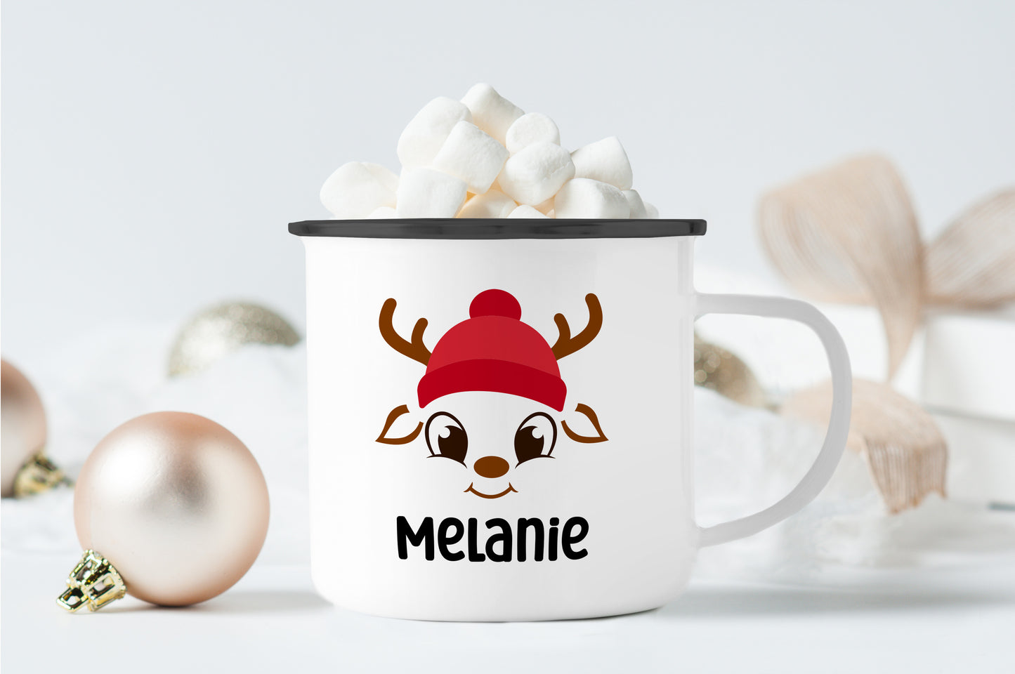 Emaille Tasse mit Name | Rentier mit Mütze