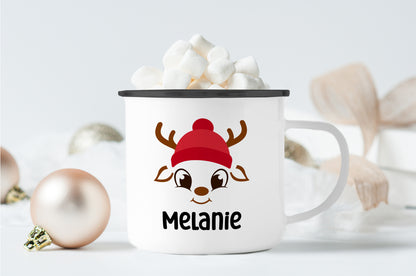 Emaille Tasse mit Name | Rentier mit Mütze