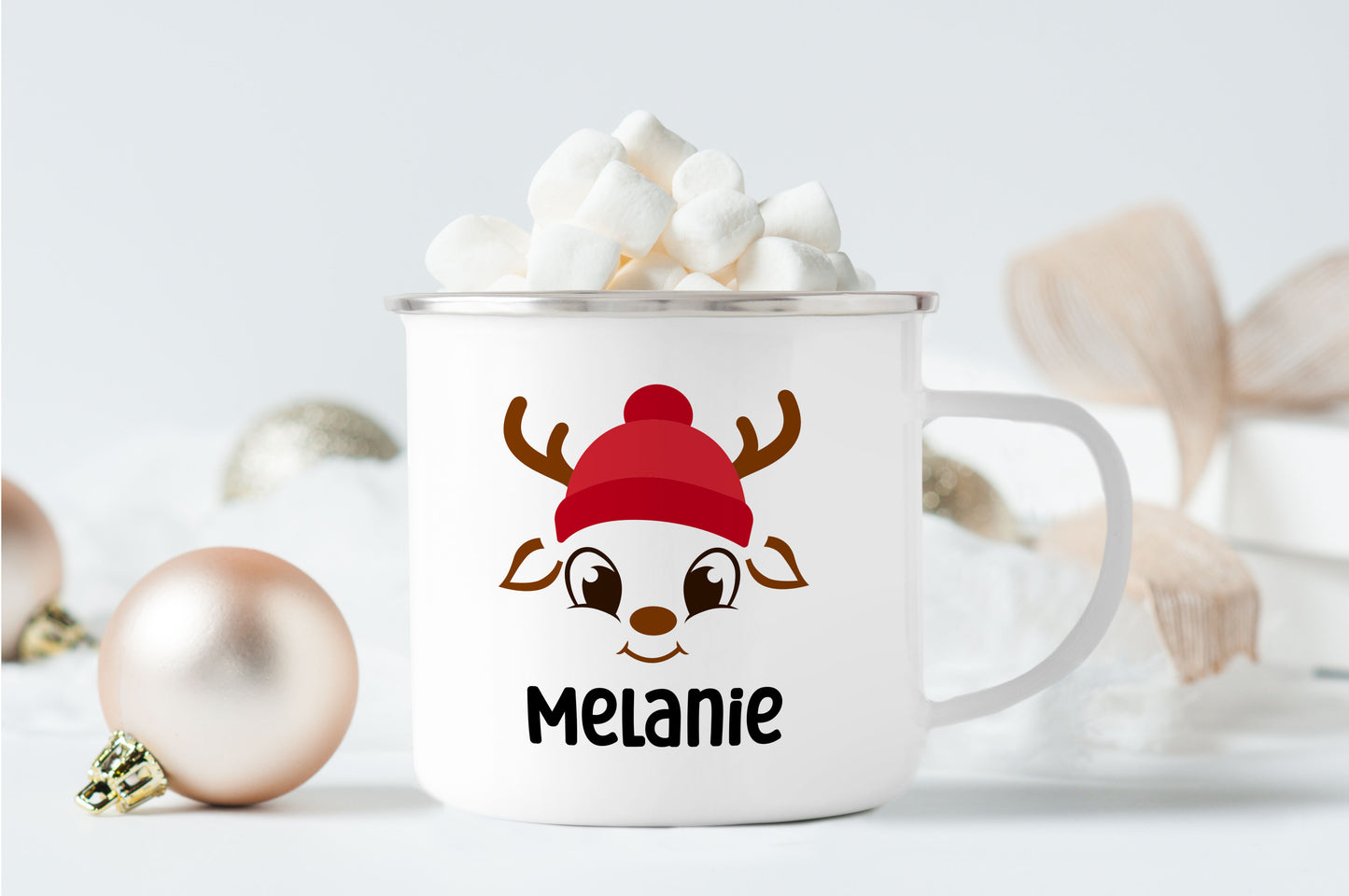 Emaille Tasse mit Name | Rentier mit Mütze