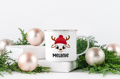 Emaille Tasse mit Name | Rentier mit Mütze