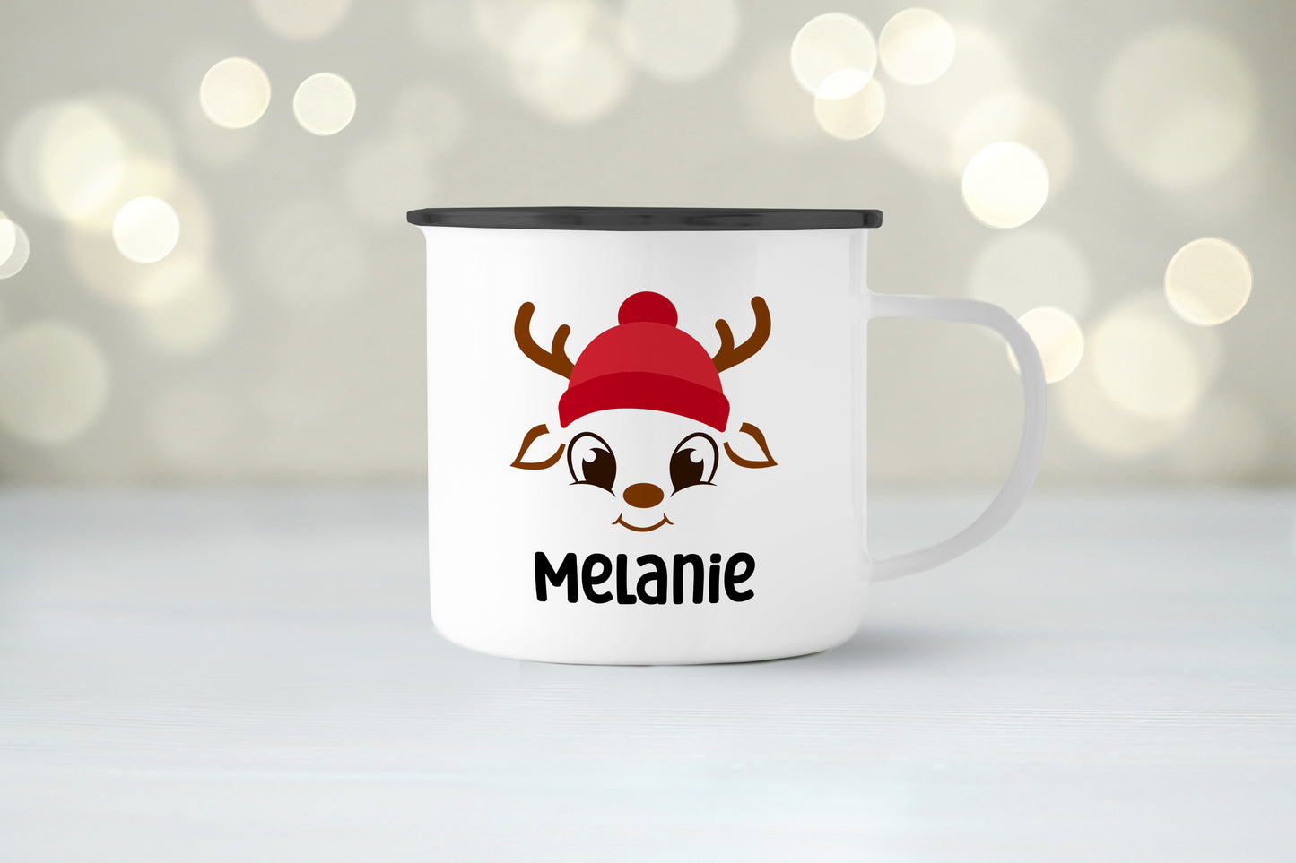 Emaille Tasse mit Name | Rentier mit Mütze