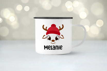 Emaille Tasse mit Name | Rentier mit Mütze