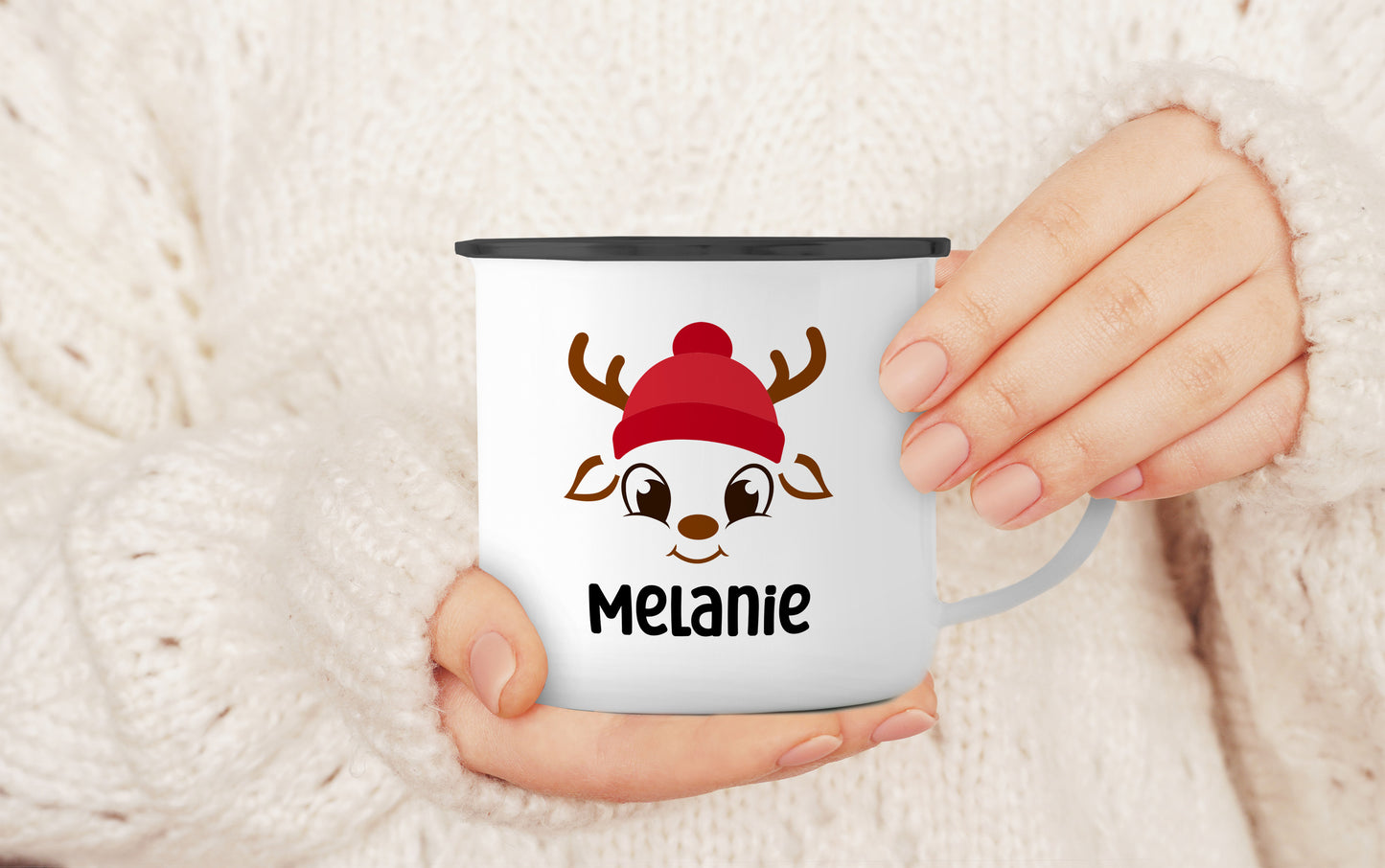 Emaille Tasse mit Name | Rentier mit Mütze