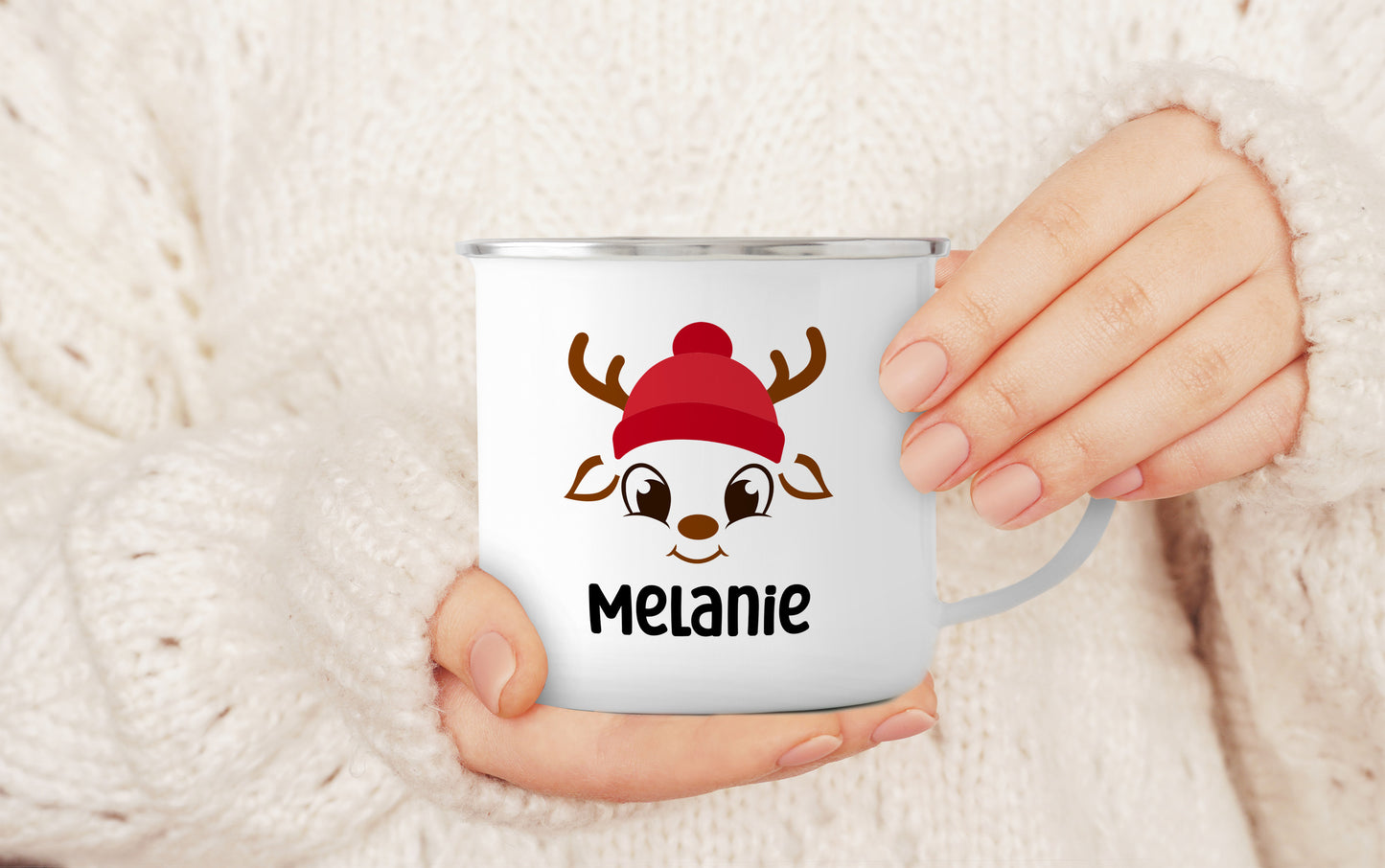 Emaille Tasse mit Name | Rentier mit Mütze