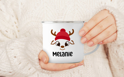 Emaille Tasse mit Name | Rentier mit Mütze