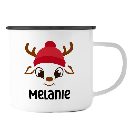 Emaille Tasse mit Name | Rentier mit Mütze