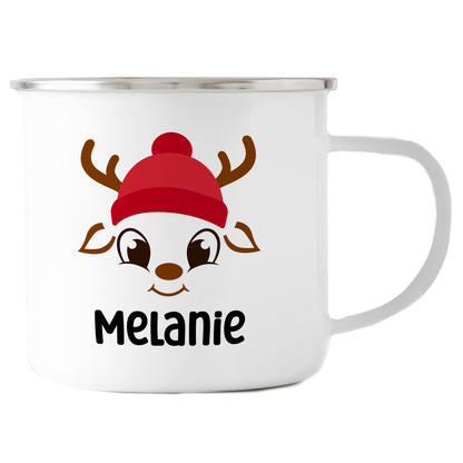 Emaille Tasse mit Name | Rentier mit Mütze