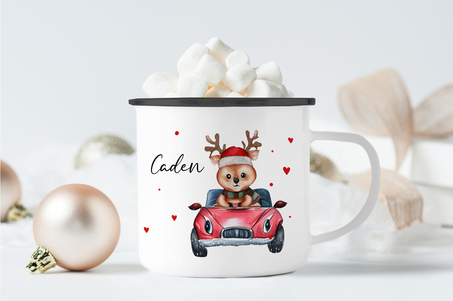Emaille Tasse mit Name | Rentier im Auto