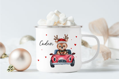 Emaille Tasse mit Name | Rentier im Auto