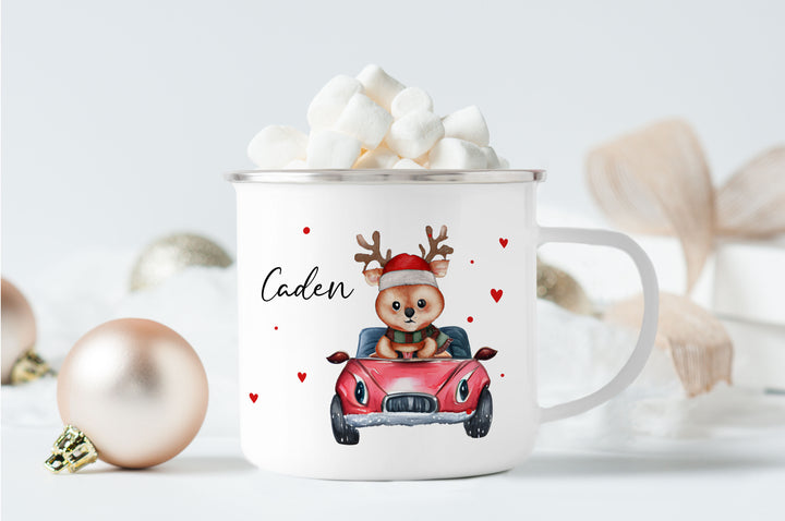 Personalisierter Emaillebecher | Emaille Tasse | Rand silber oder schwarz | mit Wunschnamen | Rentier im Auto | Geschenk für Weihnachten