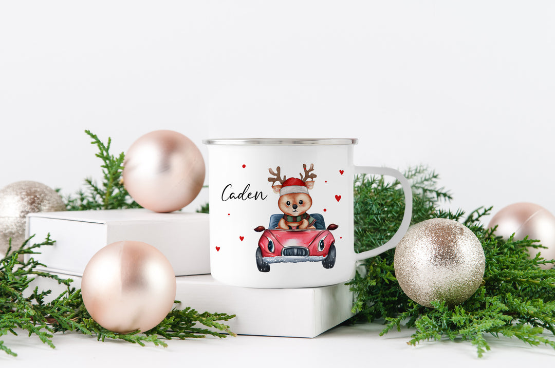 Personalisierter Emaillebecher | Emaille Tasse | Rand silber oder schwarz | mit Wunschnamen | Rentier im Auto | Geschenk für Weihnachten