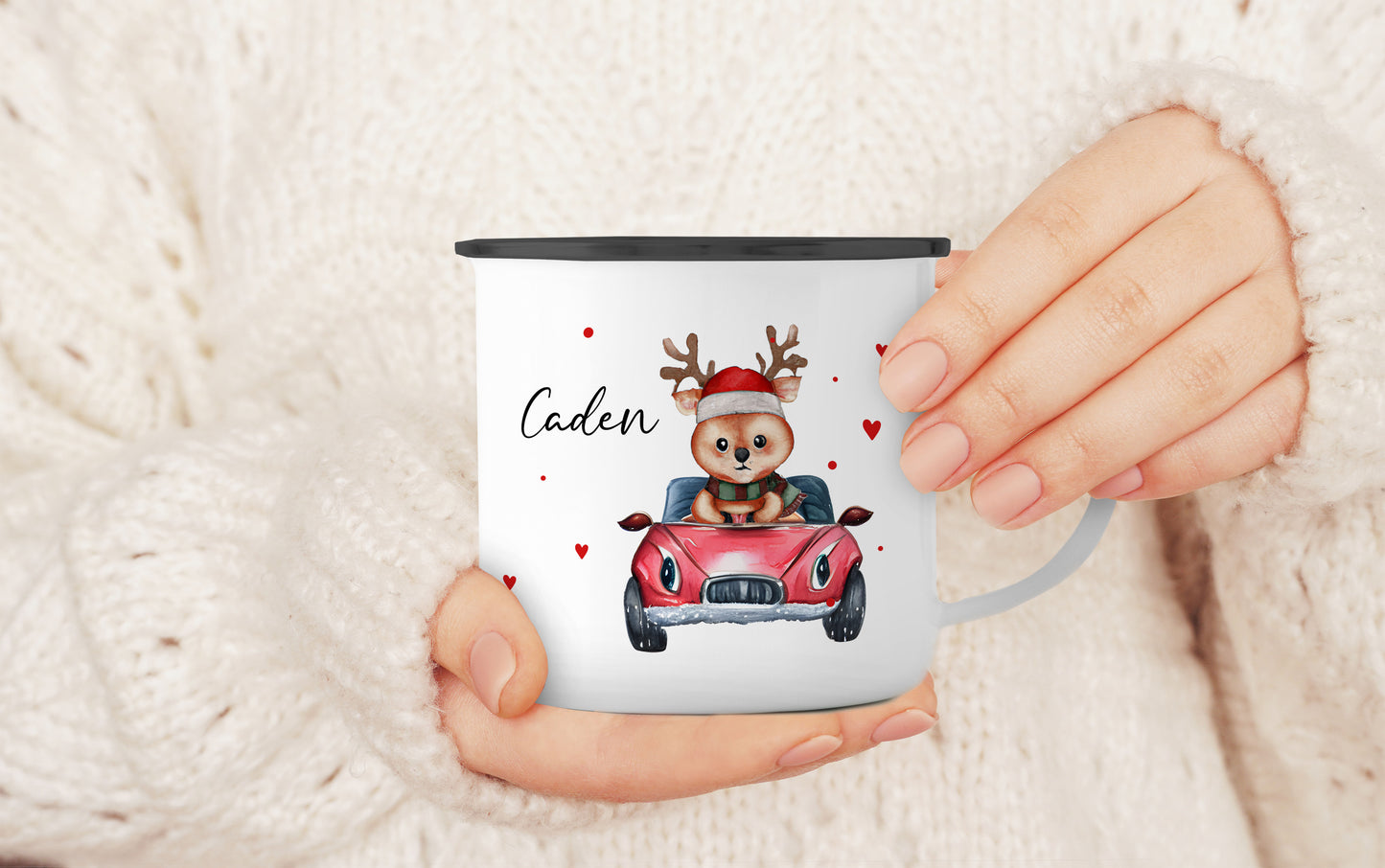 Emaille Tasse mit Name | Rentier im Auto