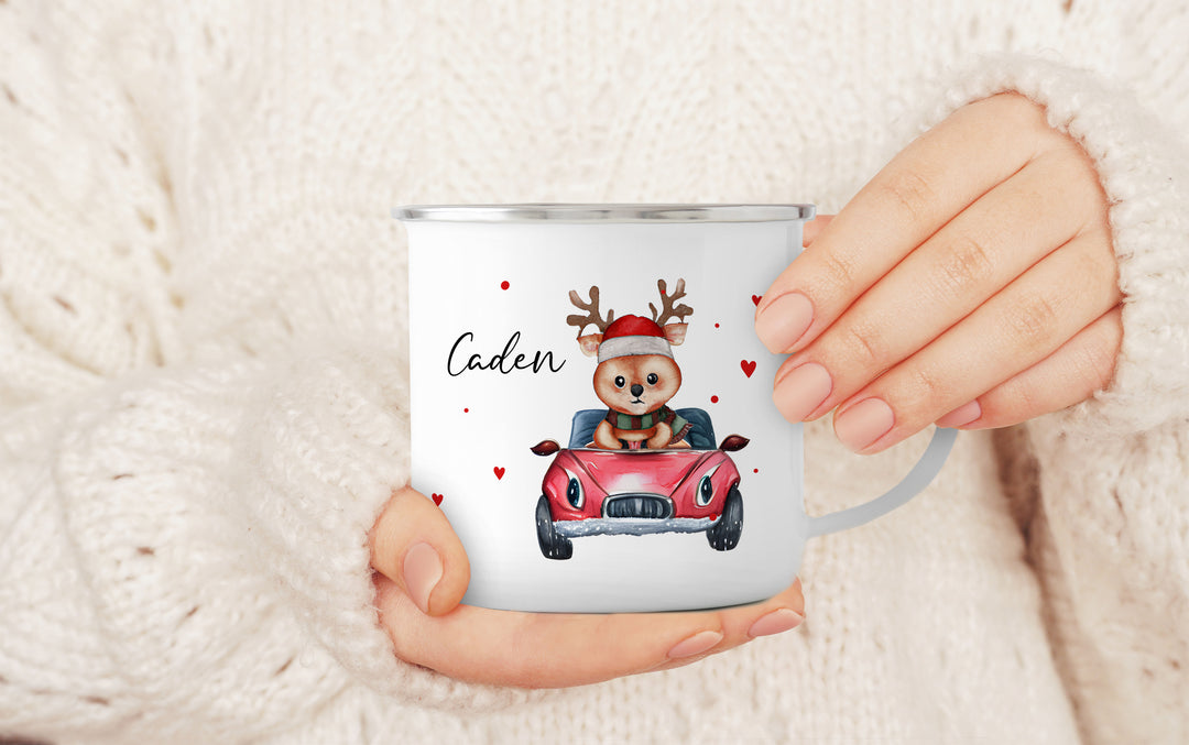 Personalisierter Emaillebecher | Emaille Tasse | Rand silber oder schwarz | mit Wunschnamen | Rentier im Auto | Geschenk für Weihnachten