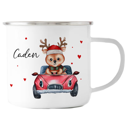 Emaille Tasse mit Name | Rentier im Auto
