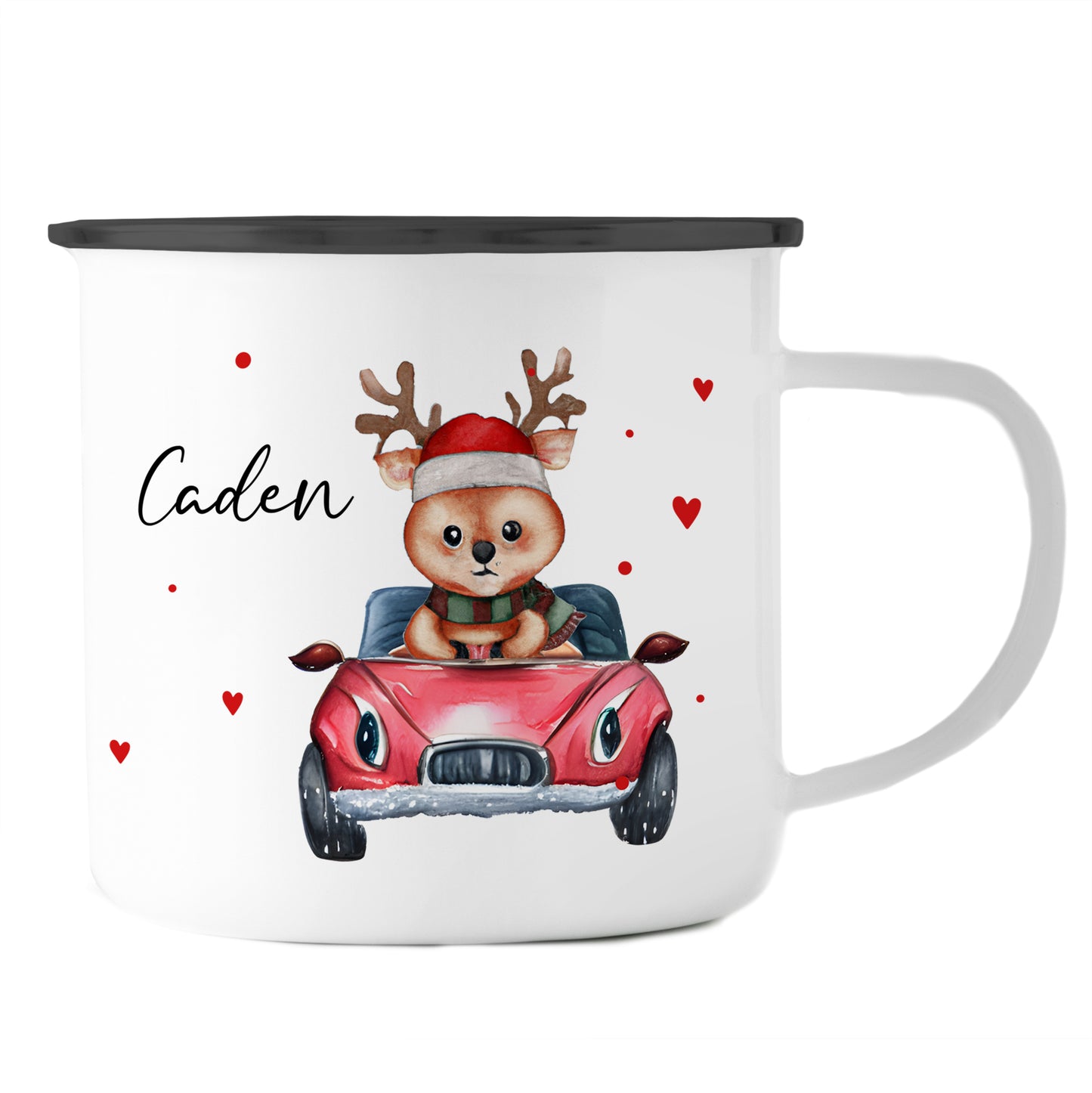 Emaille Tasse mit Name | Rentier im Auto