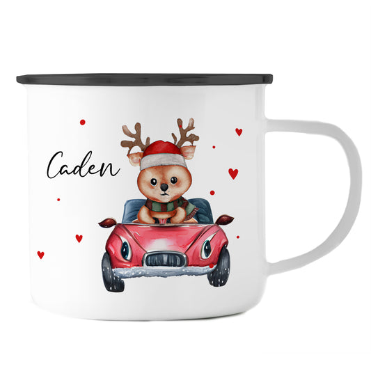 Emaille Tasse mit Name | Rentier im Auto