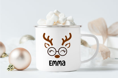 Emaille Tasse mit Name | Rentier mit Brille