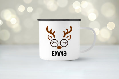 Emaille Tasse mit Name | Rentier mit Brille
