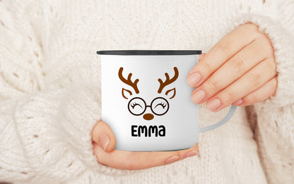 Emaille Tasse mit Name | Rentier mit Brille