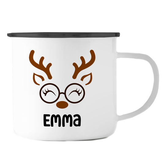 Emaille Tasse mit Name | Rentier mit Brille