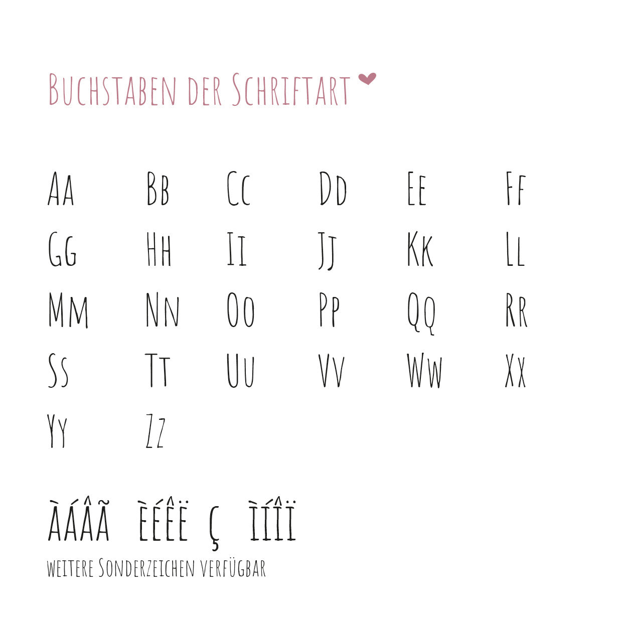 Vorschau der AmaticSC Schriftart mit Buchstaben und Sonderzeichen auf weißem Hintergrund.