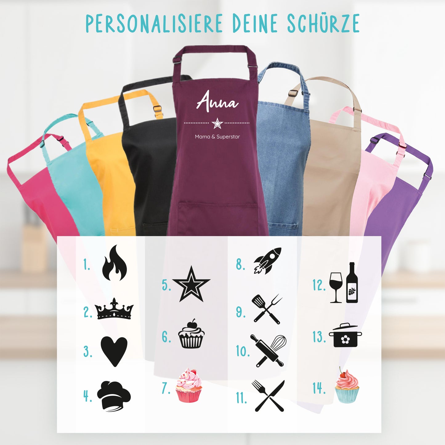 Deine Schürze | Mit Name, Icon & Wunschtext gestalten