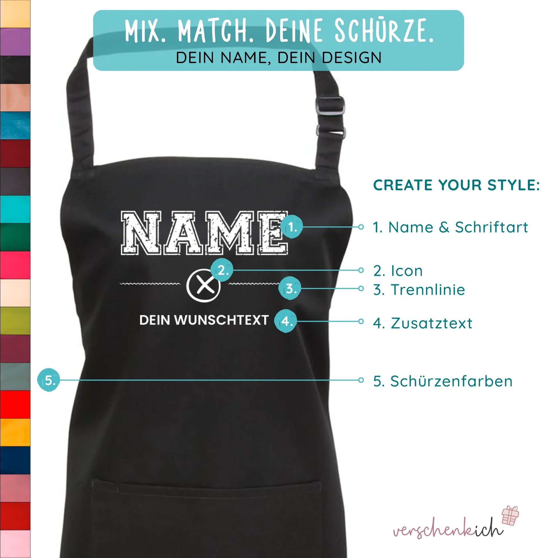Schwarze personalisierte Schürze mit Namensoption, Designbausteinen und Auswahl an bunten Schürzenfarben.