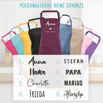 Bunte personalisierte Schürzen für Erwachsene mit Namensaufdruck zur Auswahl.