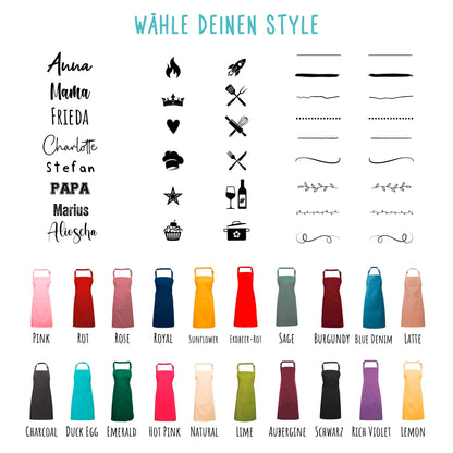 Bunte Auswahl an personalisierbaren Schürzen mit verschiedenen Farben, Motiven und Schriftarten.