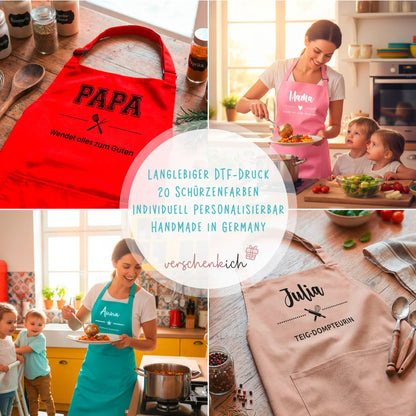 Personalisierte Kochschürzen in verschiedenen Farben mit Namen und Motiven, ideal als Geschenk.