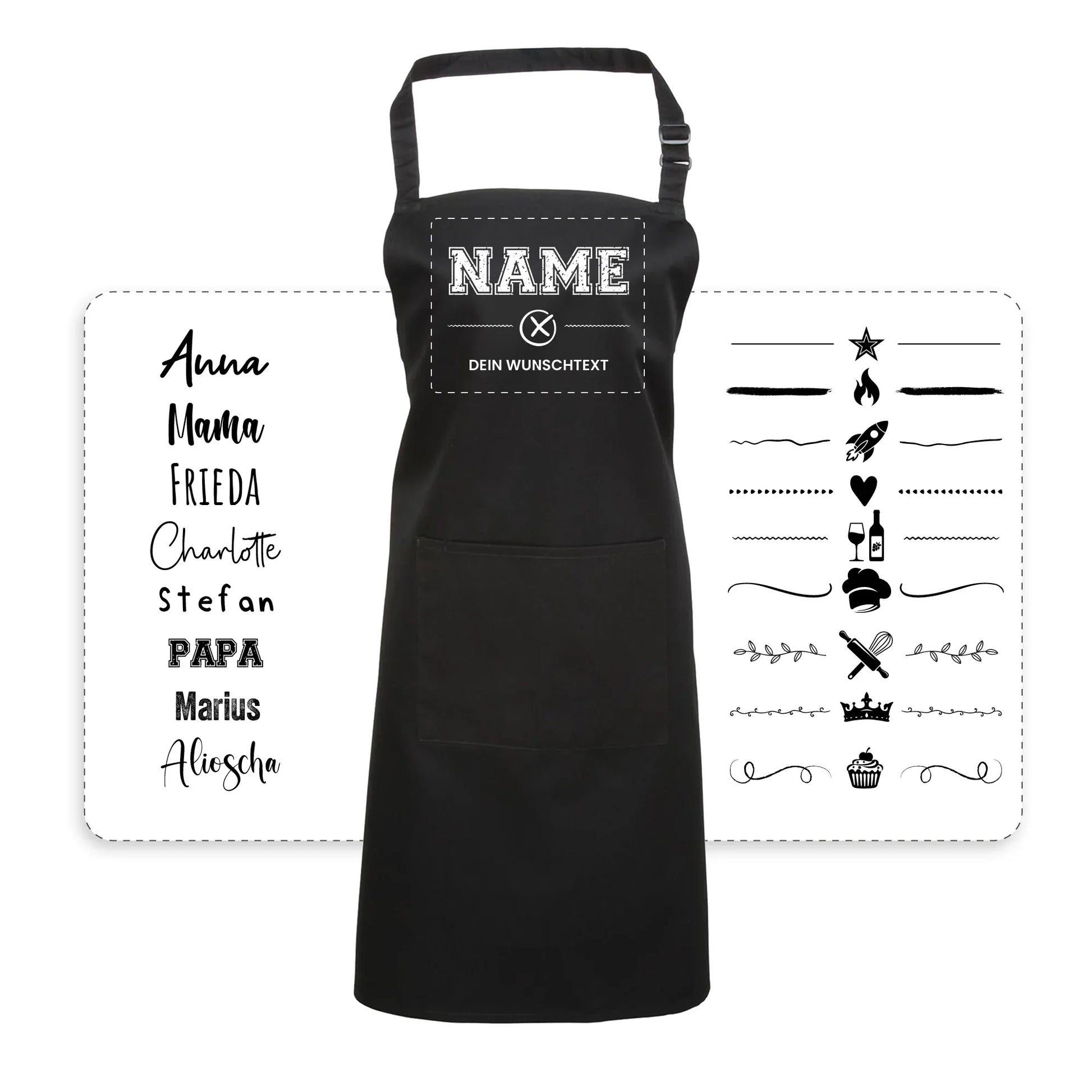Personalisierbare Schürze mit Namensaufdruck, verschiedenen Schriftarten und Motiven zur Auswahl.