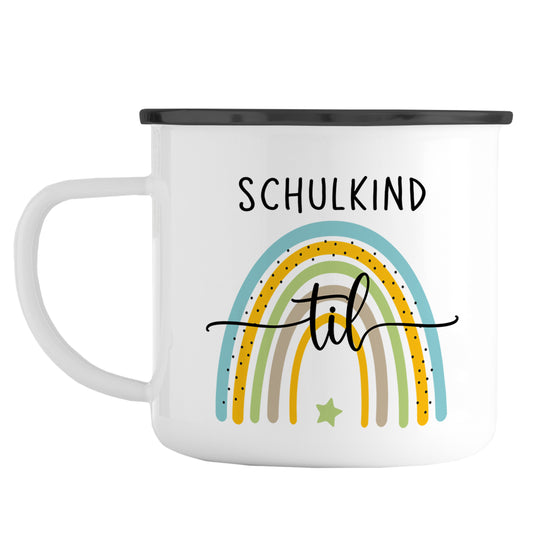 Emaille Tasse mit Namen | Schulkind Regenbogen blau- grün