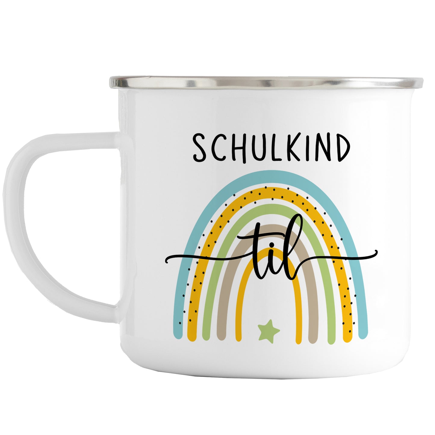 Emaille Tasse mit Namen | Schulkind Regenbogen blau- grün