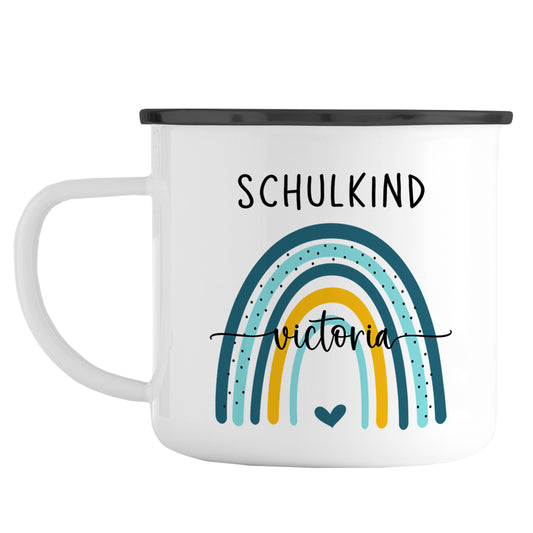 Emaille Tasse mit Namen | Schulkind Regenbogen blau