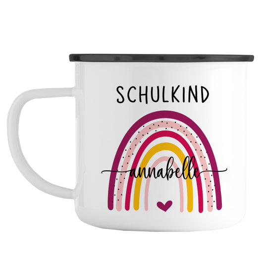 Emaille Tasse mit Namen | Schulkind Regenbogen bunt