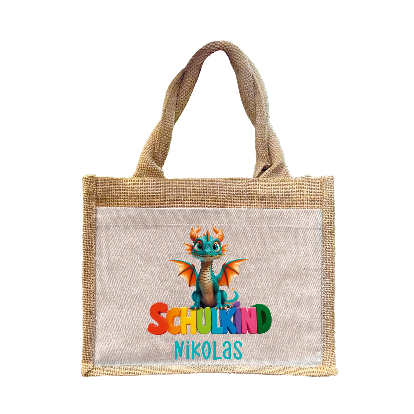 Jute Pocket Tasche mit Namen | Schulkind Drache