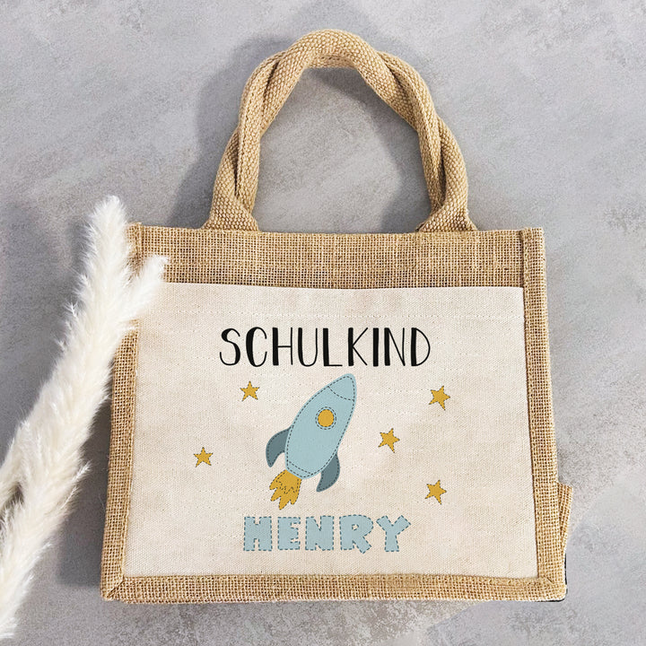 Einschulung | Personalisierte Jute Pocket Tasche | mit Wunschnamen | Schulkind Rakete | blau | als Geschenktasche für Schulanfang