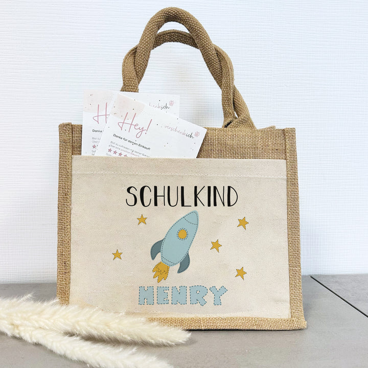 Einschulung | Personalisierte Jute Pocket Tasche | mit Wunschnamen | Schulkind Rakete | blau | als Geschenktasche für Schulanfang