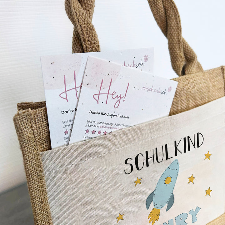 Einschulung | Personalisierte Jute Pocket Tasche | mit Wunschnamen | Schulkind Rakete | blau | als Geschenktasche für Schulanfang